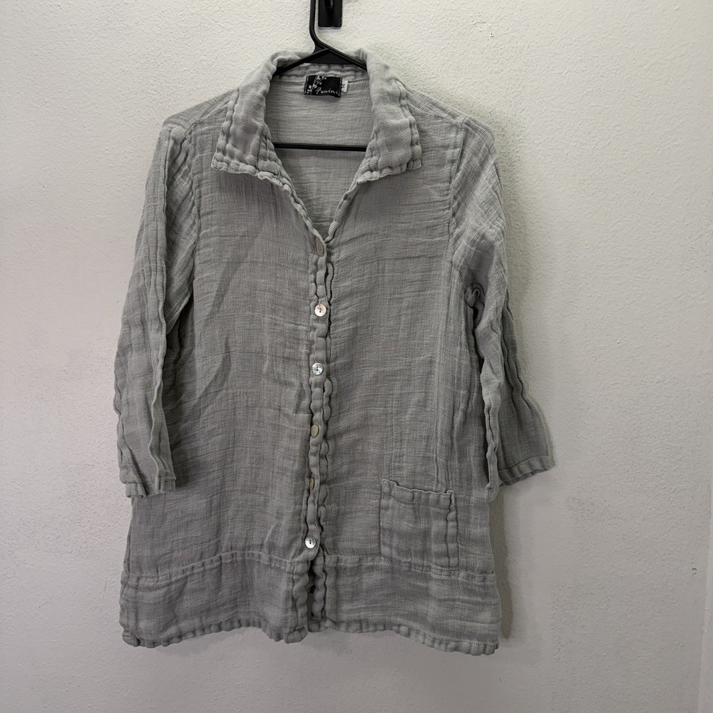 FENINI 100% Linen Shirt Size M Gray Woven Button Up Artsy Lagenlook Top Flax
